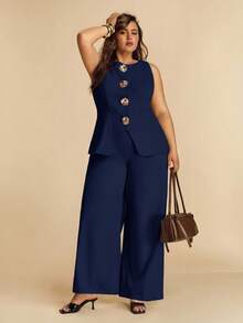 SHEIN BAE Plus Size Women's Summer Fashion Commuter Solid Color Vest & Pants Set/ Plus Size Two Pieces Outfits/ Plus Size 2 Pieces Sets/ Plus Size Wide Leg Pantsuit/ - Navy Blue - View 2