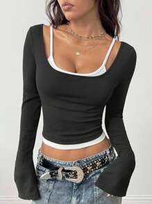 Coolane Women's Fall Y2K Concert Rave Going Out Black Slim Fit 2 In 1 Long Sleeve Top - Black - View 6