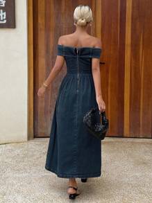 Livesso 女式夏季露肩束腰宽松牛仔连衣裙 - 藍色 - 查看 6