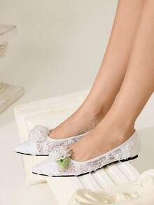 CUCCOO CHICEST 女士花卉刺绣蕾丝尖头平底鞋，优雅甜美浪漫时尚舒适白色网眼新娘婚礼派对平底芭蕾平底鞋，适合下午茶、约会、派对、婚礼、万圣节、圣诞节、感恩节、情人节 - 白色 - 查看 6