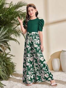SHEIN 2pcs Tween Girl Crew Neck Puff Sleeve Cropped Top & Wide Leg Pants Set - Dark Green - View 4