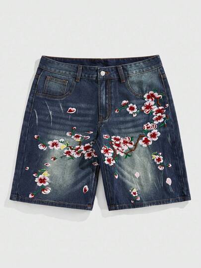 Street Life Pantaloncini di jeans casual da uomo, lavati, con ricamo floreale, per l'estate