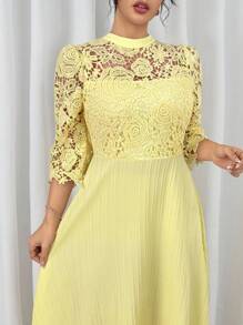 Modelyn Vestido largo de manga larga con parches de bordado de ojal amarillo y talla grande para mujeres - Amarillo - Ver 3