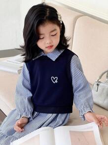 Genkimix Kids 2pcs/Set Young Girl Casual Long Sleeve Striped Dress And Heart Print Vest Outfit Chic Outfits For Autumn/Winter - Royal Blue - View 5