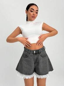 EURMUSE Summer Casual Washed Fringe Hem Wide Leg Denim Shorts - Light Grey - View 3