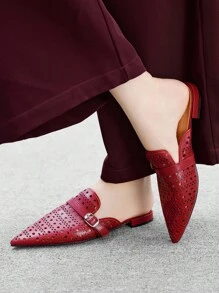 CUCCOO BIZCHIC 女士波西米亚风镂空透气穆勒鞋，酒红色尖头平底低跟皮革搭扣平底鞋 - 酒紅色 - 查看 5