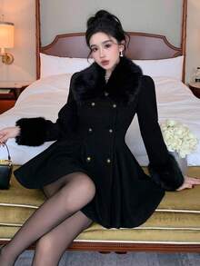 DAZY Women's Elegant Solid Color Collar A-Line Overcoat, Autumn/Winter Jacket - Black - View 7