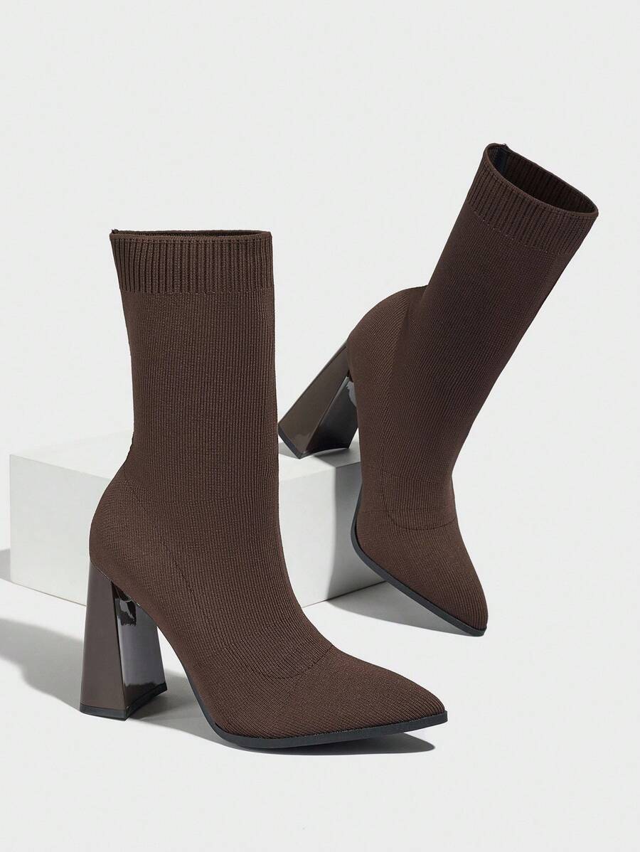 Daringsoles Women's Pointed Toe Chunky High Heel Slip-On Knit Tight Fit Ankle Boots For Christmas - Coffee Brown - View 1