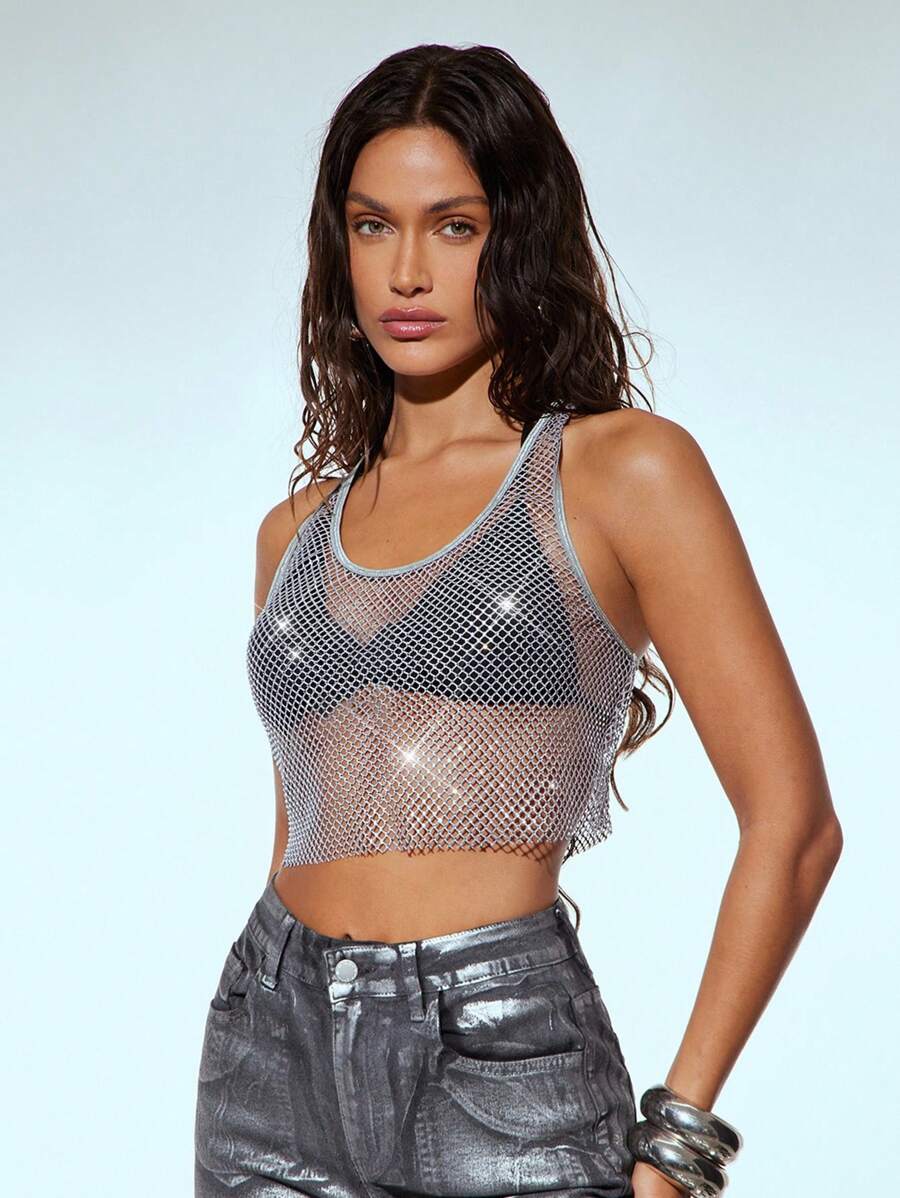 Denimoi Kurzes Tank Top mit Strass-Schnitt und U-Ausschnitt, Urlaubs-Tops, Konzert-Outfits, Urlaubs-Outfits, Ibiza, Modisch, Strass-Top, Transparentes Top, Sexy Tops - Grau - Übersicht 1