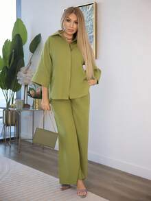Cioccolato 2 件女式混合侧开叉宽松衬衫和阔腿高腰裤套装优雅商务休闲女士 - 綠色 - 查看 5