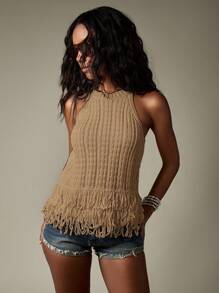 MISSGUIDED Halter Neck Ribbed Fringe Tank Top Summer Boho Hippie Festival Sleeveless Sweater Knit Resort Vacation Travel Beach Wear - Mocha Brown - View 3