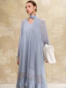 Arave Đầm đi làm, đi chơi, đi nghỉ, cổ chữ V, tay bồng nhẹ nhàng, dễ thương cho nữ, mùa hè - Màu xanh lam - Xem 3