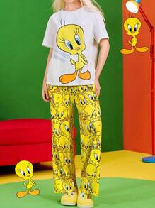 LOONEY TUNES X SHEIN Women's Y2K Yellow Cute Tweety Cartoon Graphic Print Loose Short Sleeve Top And Long Pants Summer Fall Pajama Set Back To School Homecoming - Yellow - View 1