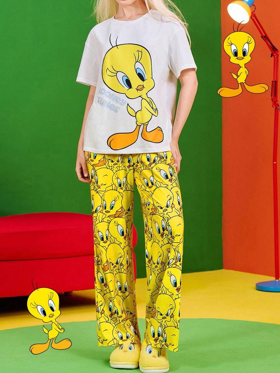 LOONEY TUNES X SHEIN Women's Y2K Yellow Cute Tweety Cartoon Graphic Print Loose Short Sleeve Top And Long Pants Summer Fall Pajama Set Back To School Homecoming - Yellow - View 1