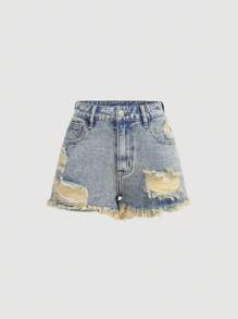 SHEIN Teen Girl Y2K Blue Denim Shorts,Summer Streetwear Vintage Washed Low Waist Ripped Baggy Jeans With Raw Hem,Holiday Casual 2000s Back To School Outfit - Dark Wash - View 3