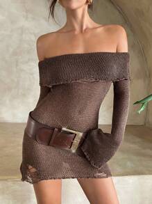 Aloruh Vestido de suéter ajustado con hombros descubiertos, cuello con volantes y mangas acampanadas, para mujer, para primavera/verano y otoño/invierno - Café integral - Ver 8