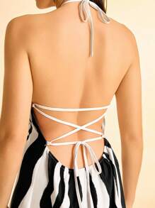 CAJUNI Women's Boho Style Vacation Casual Beach Abstract Stripe Print Halter Backless Maxi Dress - Multicolor - View 7