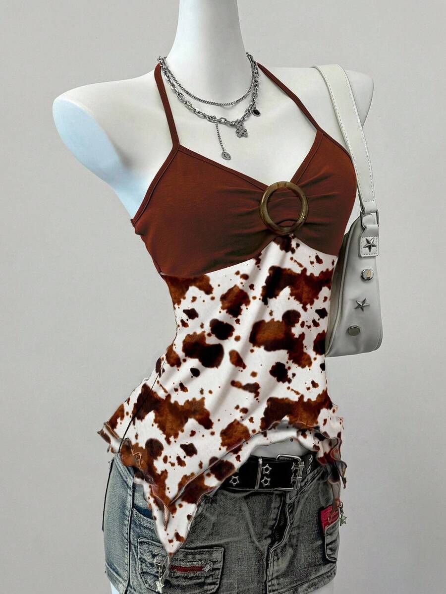 SHEIN EZwear 女士休闲复古褶饰胸部圆形装饰不对称下摆紧身吊带背心,适合夏季,Y2K,奶牛印花,复古,露背,细肩带,不对称下摆适合外出 - 彩色 - 查看 1