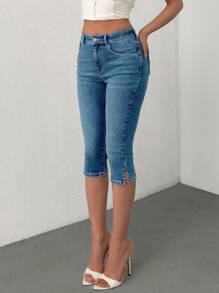 EURMUSE High Waist Slant Pocket Comfort Slim Capri Jeans - Light Wash - View 6