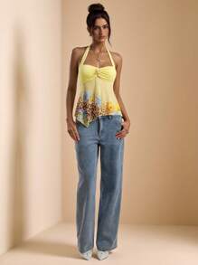 SHEIN BAE Áo crop top cổ yếm in hoa, họa tiết da báo, màu vàng trơn mùa xuân/hè, trang phục đi nghỉ, áo crop top màu vàng/hoa - Màu vàng - Xem 7