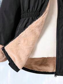 SHEIN Abrigo acolchado de parchwork negro con forro de piel sintética cálido para otoño/invierno, versátil y casual para uso diario y escolar para niñas preadolescentes, con guantes