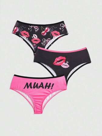 3pcs/Set Lip, Bow, Cherry Print Contrast Trim Bikini Panties