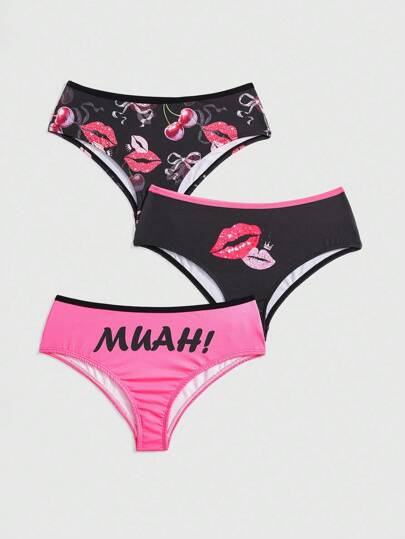 3pcs/Set Lip, Bow, Cherry Print Contrast Trim Bikini Panties