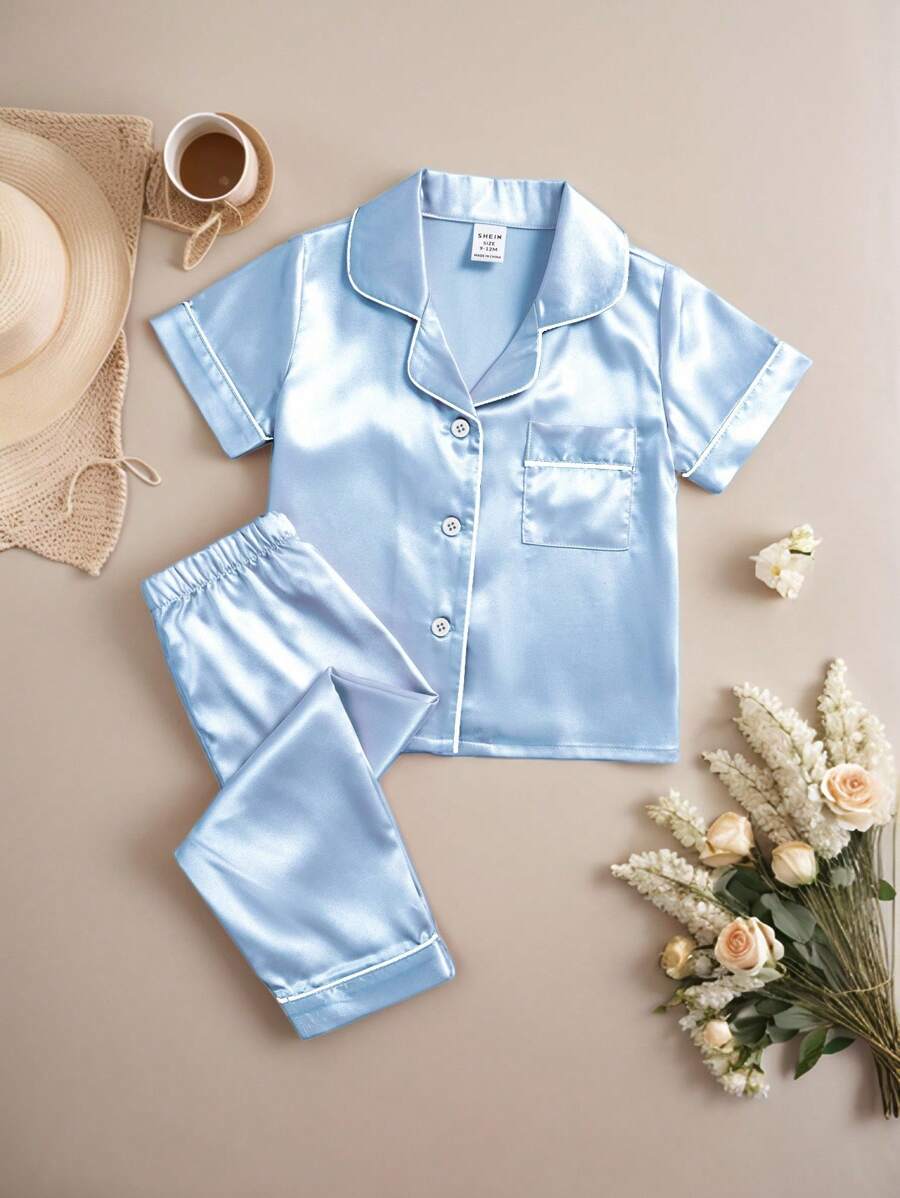 Conjunto de pijama casual cómodo de 2 piezas con pantalón y manga corta en color lila y champán para bebé niña, primavera/verano - Celeste - Ver 1