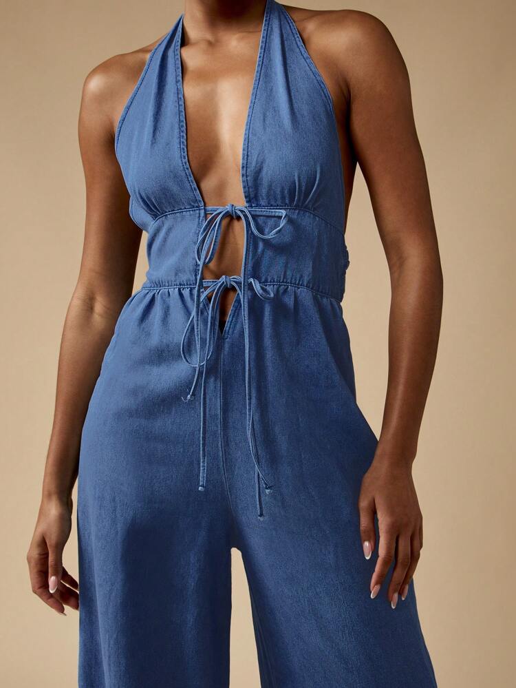 MISSGUIDED Halter Neck Denim Jumpsuit With Wide Leg Design
