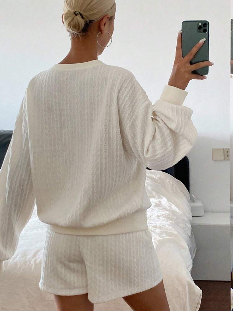 2pcs Women Solid Color Textured Fabric Loose Crew Neck Long Sleeve Sweatshirt And Straight Leg Shorts Casual Street Style Thick Outfit, Autumn/Winter Lounge Sets For Women