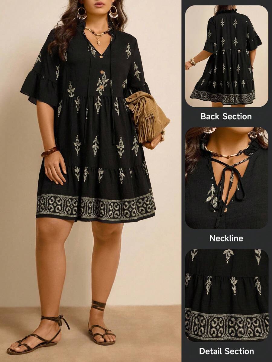 Freevana 大码女式花卉印花度假娃娃裙，夏季 - 黑色 - 查看 1