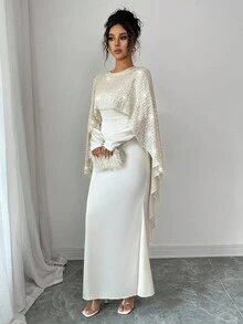 Elenzga 女士优雅秋季亮片可拆卸披肩腰合身美人鱼下摆长袖纯色连衣裙 - 杏色 - 查看 5