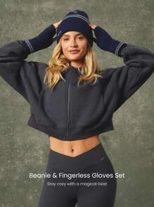 GLOWMODE X Harry Potter Hogwarts House Soft Wool Logo Embroidery Beanie & Fingerless Gloves Set Daily Casual Wear