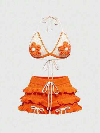 Fairycore Vacation Style Handmade Crochet Floral Plus Size Bikini Knitted Set