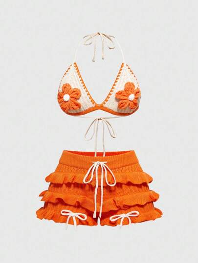 Fairycore Vacation Style Handmade Crochet Floral Plus Size Bikini Knitted Set