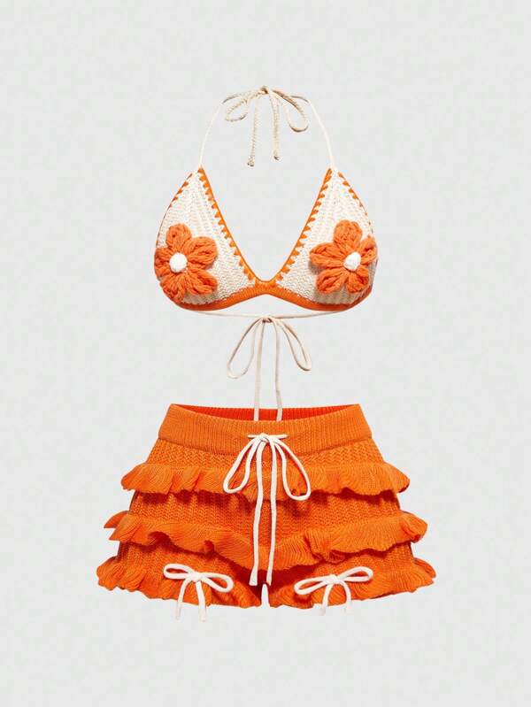 ROMWE Fairycore Ensemble de bikini tricoté de style vacances, fait main, crochet floral, grande taille