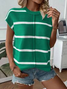 SHEIN LUNE 女士休闲宽松圆领插肩无袖针织背心，时尚条纹拼布套头毛衣背心，秋冬 - 綠色 - 查看 6