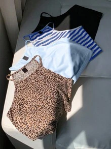 SHEIN EZwear 4 件套女士豹纹、蓝色条纹、纯色浅蓝色、黑色吊带背心上衣，休闲修身，适合夏季 - 彩色 - 查看 7