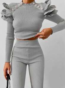 Ruffle Trim Ribbed Knit Sweater & Knit Pants - Light Grey - View 3