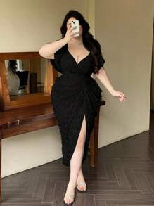 Vibekara 复古法式泡泡袖波尔卡圆点纹理女式派对连衣裙 - 黑色 - 查看 3