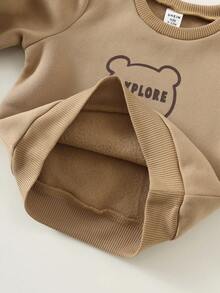 SHEIN 3pcs Baby Boy/Girl Autumn/Winter Cute Khaki Knitted Hooded Jacket, Vest, Cartoon Bear Pattern Sweatshirt, Tracksuit Joggers Pants Set, Unisex Baby Clothes, Baby Winter Thermal Outfit Fall - Multicolor - View 9