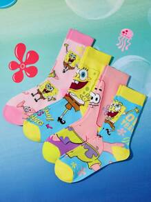 SpongeBob SquarePants | SHEIN 4 双柔软透气吸湿排汗休闲女士中筒袜，时尚可爱的粉色和蓝色中筒袜，加固的脚趾和脚跟，经久耐用，适合所有季节，夏季和冬季 - 彩色 - 查看 6