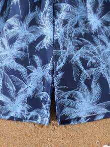 SHEIN 男童个性化泳裤，棕榈叶印花设计彰显活力，舒适无忧，适合在泳池或海滩畅游，男士泳裤棕榈树泳裤蓝色泳裤热带泳裤 - 彩色 - 查看 6