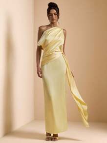 SHEIN BAE Solid Color Asymmetric Asymmetrical Neck Elegant Long Satin Dress For Women, Yellow Dress, Suitable For Vacation, Birthday, Brunch, Wedding Guest, Bridesmaid, Spring/Summer,Butter Yellow Dress Party Dresses For Women - Yellow - View 1