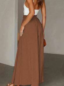 EMERY ROSE 女士纯色荷叶边腰带口袋宽腿宽松休闲裤 - 棕色 - 查看 3