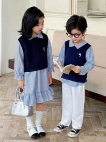 Genkimix Kids 2pcs/Set Young Girl Casual Long Sleeve Striped Dress And Heart Print Vest Outfit Chic Outfits For Autumn/Winter - Royal Blue - View 1