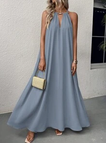 Hotletica 女式无袖镂空褶皱纯色连衣裙超长度假海滩装 - 藍色 - 查看 3