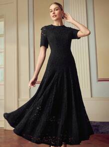 ZEYLAH Elegant High Collar 3D Floral Decor Short Sleeve Long Dress, Spring/Summer - Black - View 5