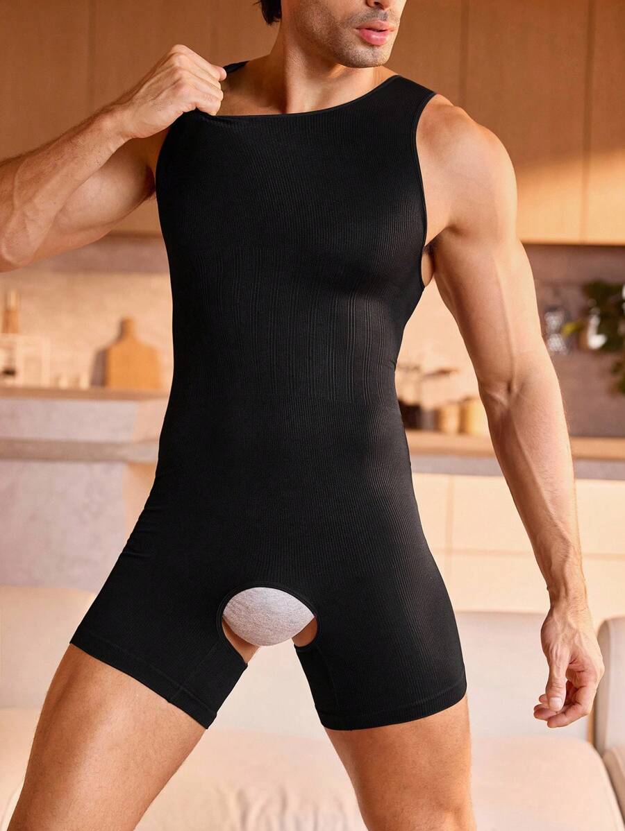 Men's Solid Color Crew Neck Jumpsuit With Shorts - Black - View 1