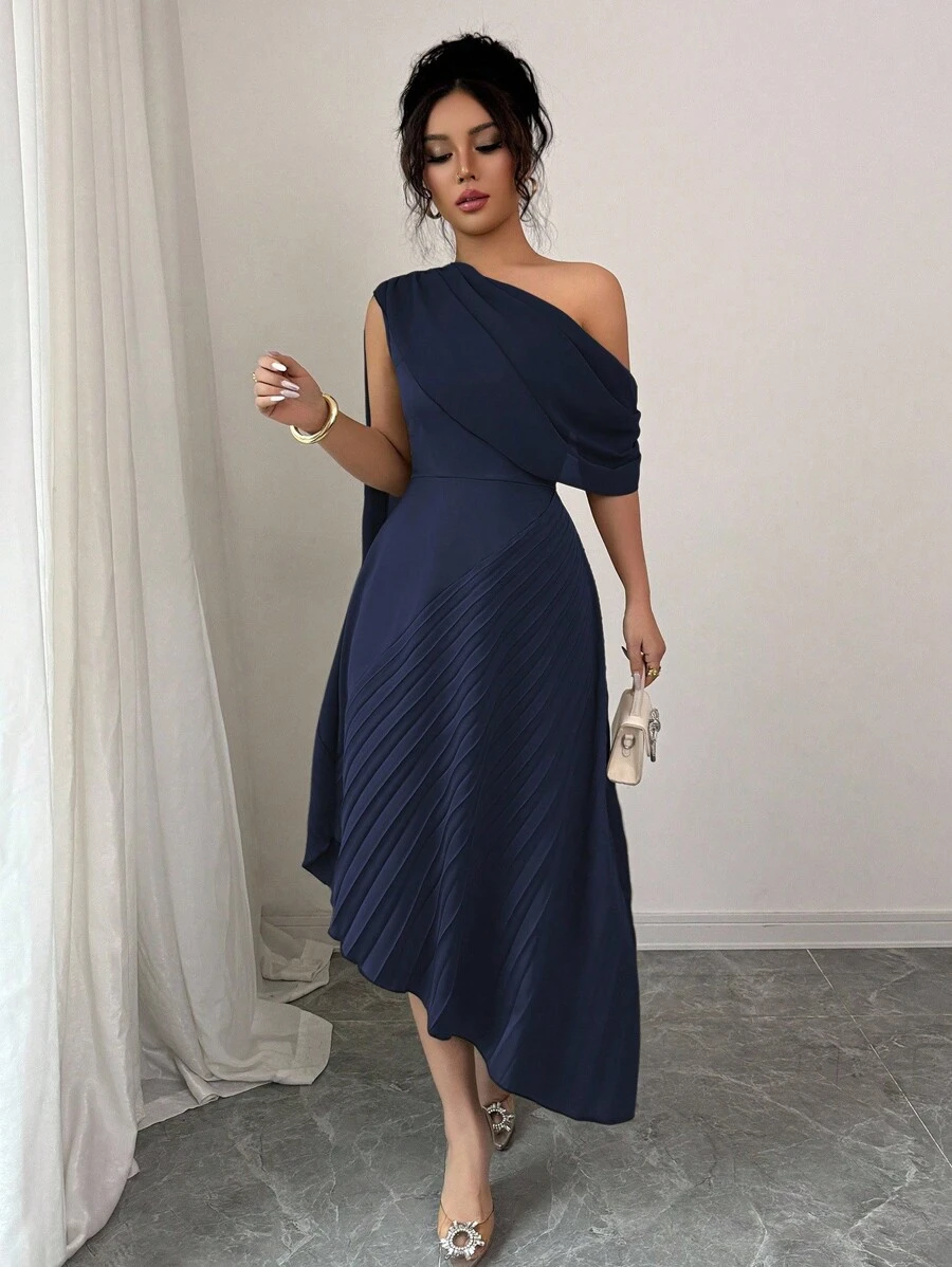 Selianne 女士优雅雪纺垂褶单肩连衣裙，春夏大学校园连衣裙